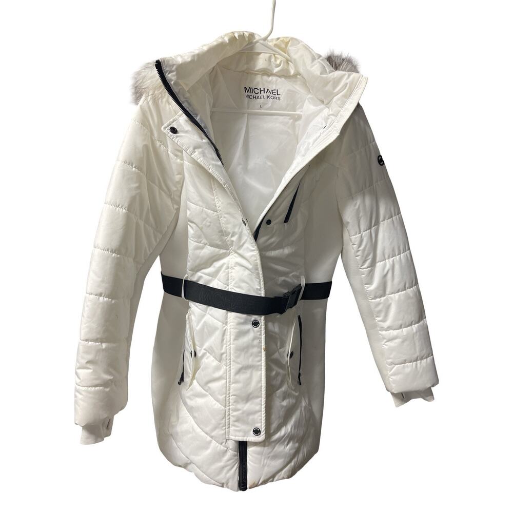 Michael Kors Puffer Hooded Detachable Faux Far Collar Jacket with MK Logo Belt
